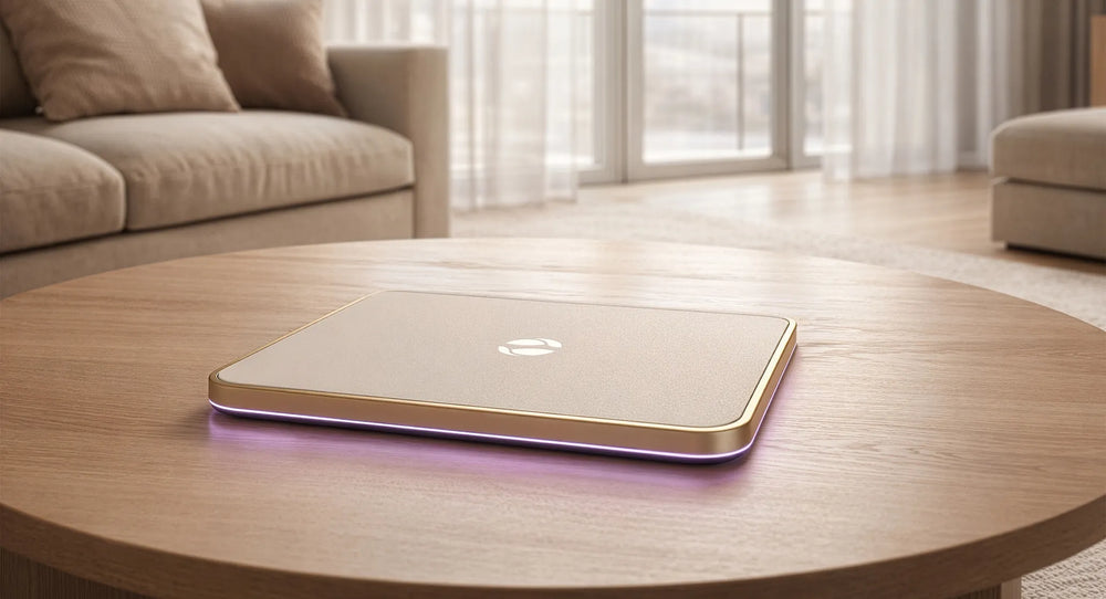 Laptop on a wooden table in a living room setting